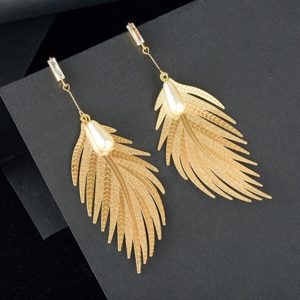 Gold Electro-Plated Feather Long Dangle Earrings, Faux Pearls